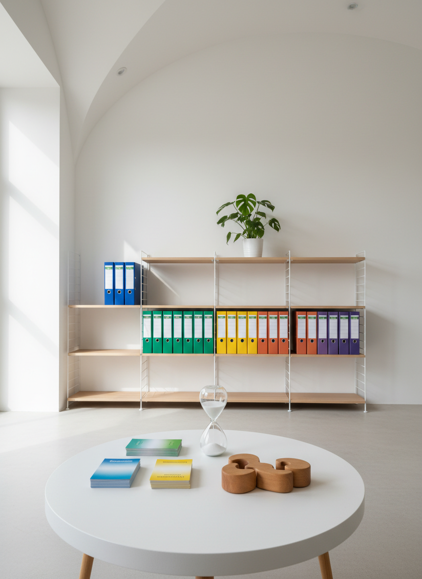 A bright, minimalist coaching space represented without people, focused on objects that symbolize modular, personalized coaching. In the foreground, a low white coffee table holds color-coded card decks labeled “Önbizalom,” “Stresszkezelés,” and “Asszertív Kommunikáció,” along with a sleek glass hourglass and a smooth wooden puzzle. Behind, modular shelving contains neatly stacked binders, each with different colored spines, and a small plant adding warmth. Diffused daylight fills the room through an unseen window, creating soft, even lighting and gentle shadows. Shot in photographic realism with a slightly elevated angle and sharp focus, the composition feels open, professional, and inviting, emphasizing flexibility and structure without visual clutter.