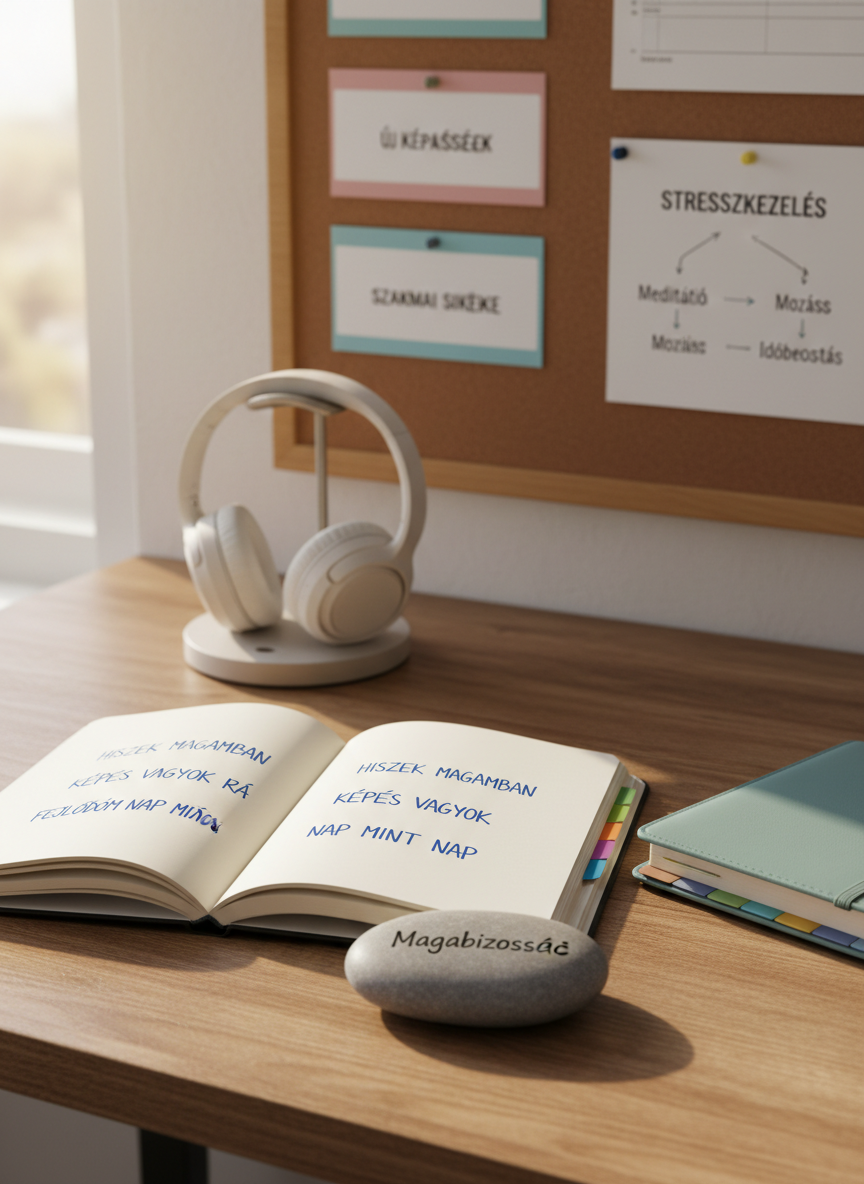 A neatly arranged wooden desk showcasing the concept of confidence and personal growth without any people present. At the center lies an open hardcover notebook with thick, cream pages, filled with neatly written Hungarian affirmations in blue ink. Beside it, a closed planner with colored tabs, a pair of wireless headphones, and a smooth river stone engraved with the word “Magabiztosság.” In the background, a cork vision board displays tidy goal cards and a simple flowchart about stress management. Soft morning light from a nearby window creates gentle highlights on the paper and subtle shadows across the surface. Photographic realism at eye level, with shallow depth of field and a calm, professional, modern atmosphere in neutral and soft teal tones.